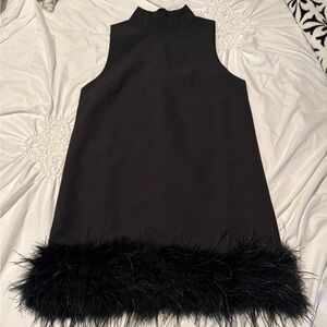 Black Feather Trim Mini Dress Size S NWT